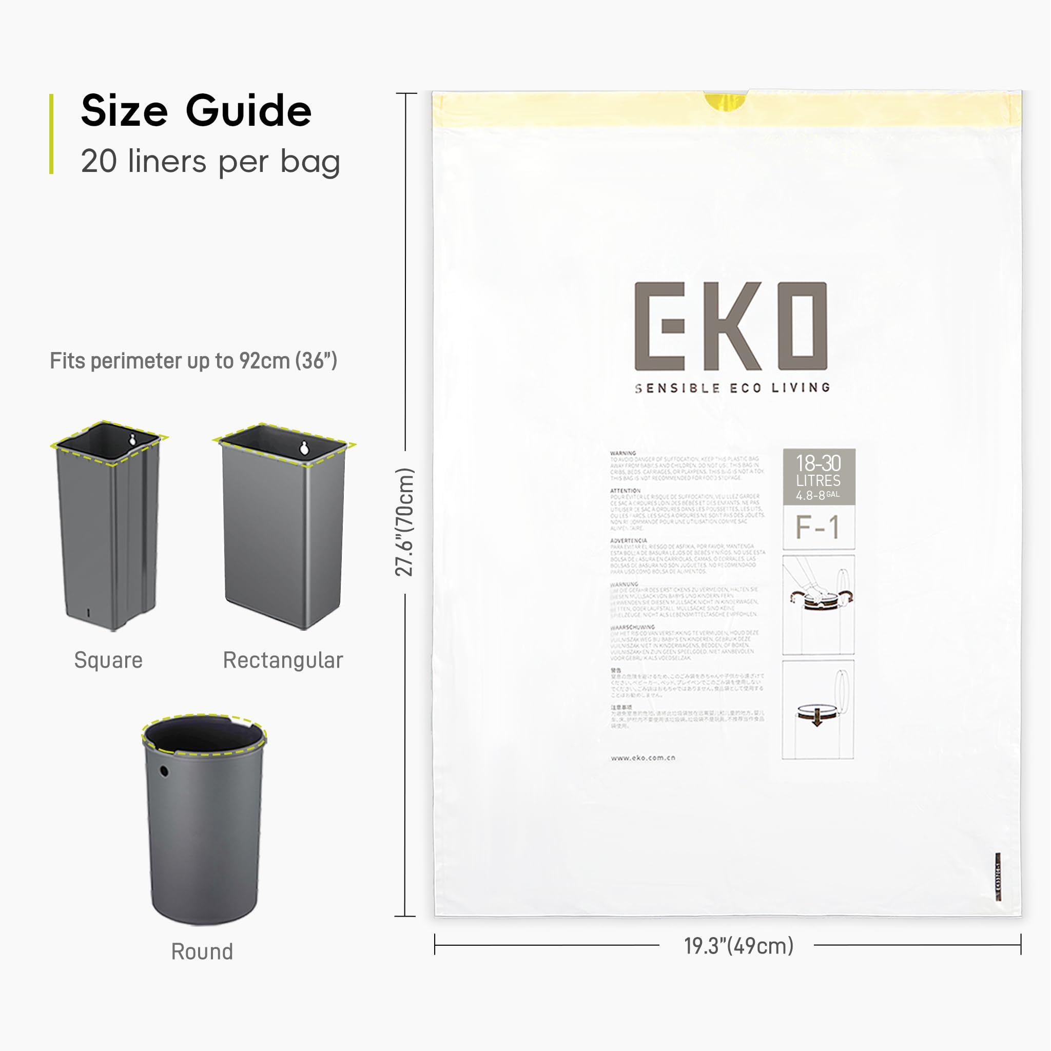 EKO Heavy Duty 18-30L Drawstring Bin Bags, Leakproof & Tear-Resistant Kitchen Bin Liners, 49 x 70 cm, 20 Count, Code F-1