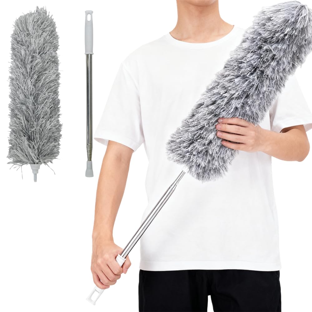 Armo Home Extendable Feather Duster - Telescopic Reach for High Ceilings | Microfibre Head | Grey