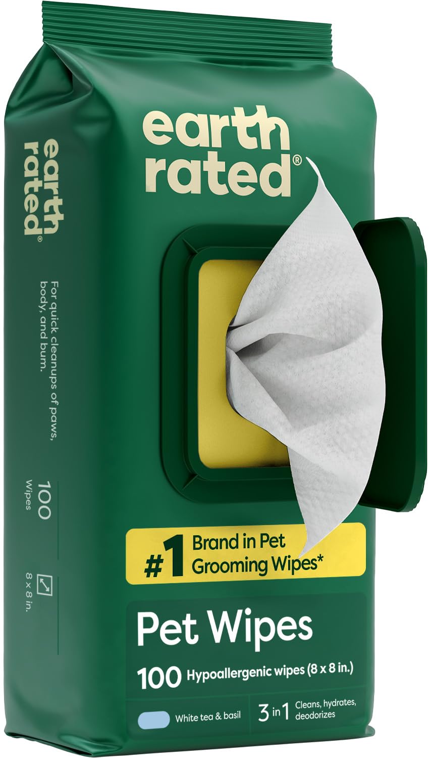 Earth Rated Pet Wipes for Dogs and Cats - Hypoallergenic, 3-in-1 Cleaning, White Tea & Basil Scent, 100 Count
