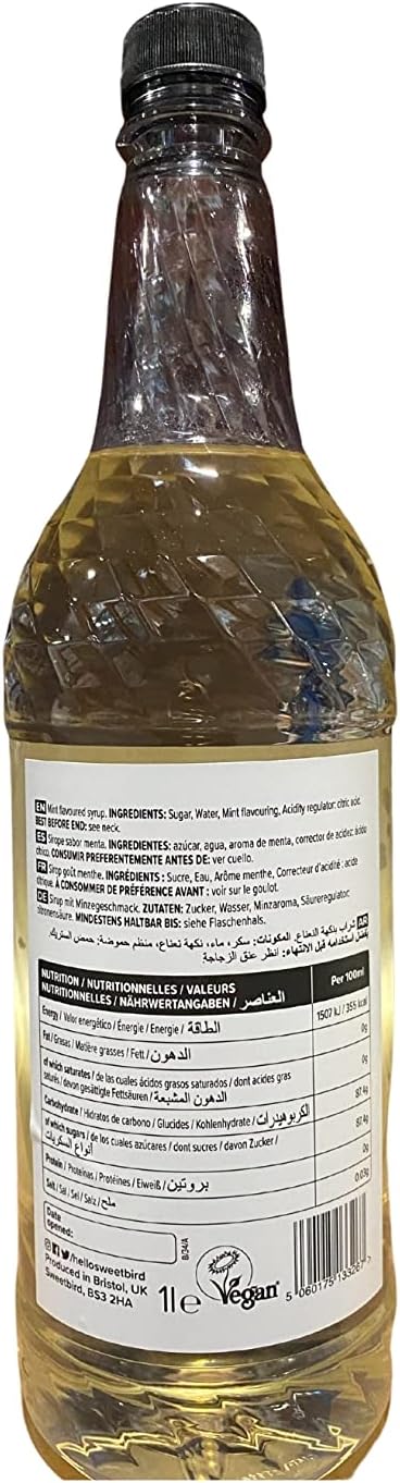 Sweetbird Mint Syrup (1 Litre) - Vegan Friendly, Natural Flavours, No Artificial Colours