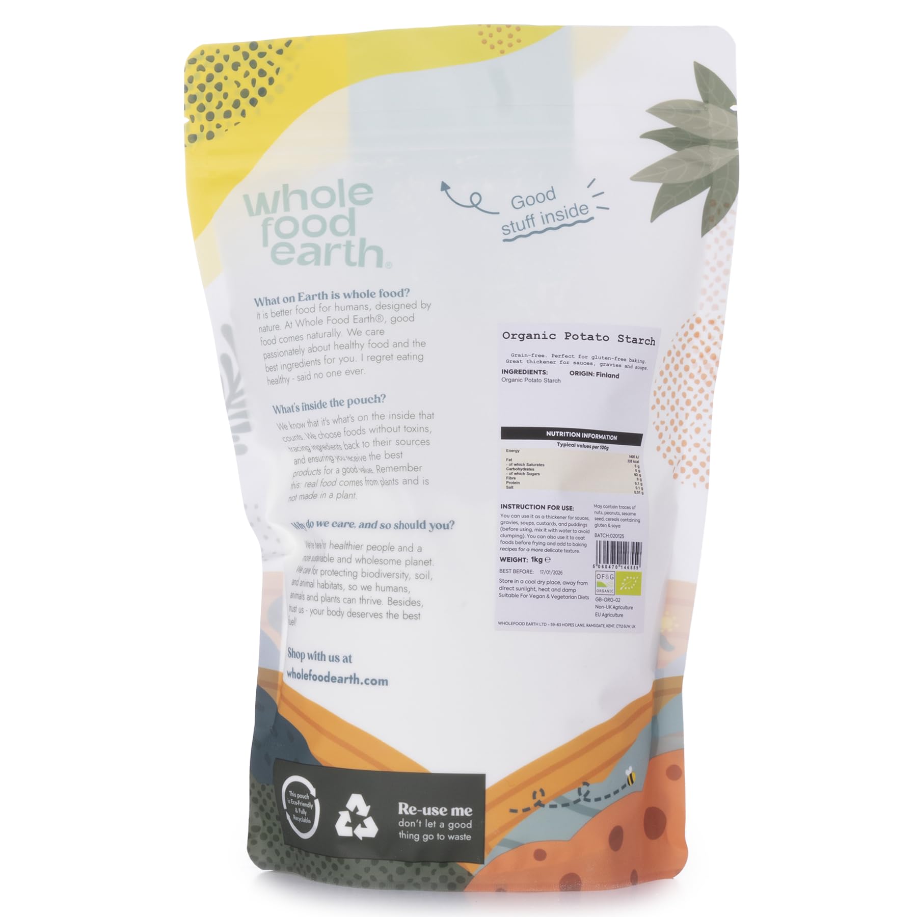 Wholefood Earth Organic Potato Starch - 1kg | Natural Thickener & Stabiliser | GMO Free