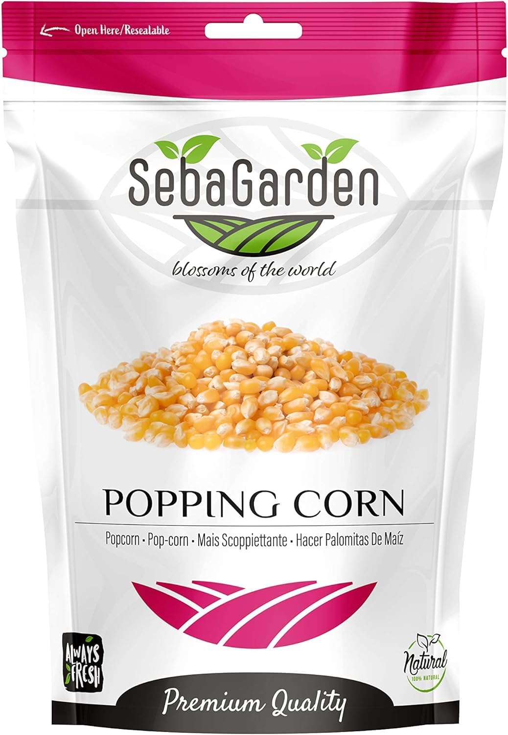 Seba Garden Popping Corn Kernels 2 kg - GMO Free, Resealable Ziplock Bag