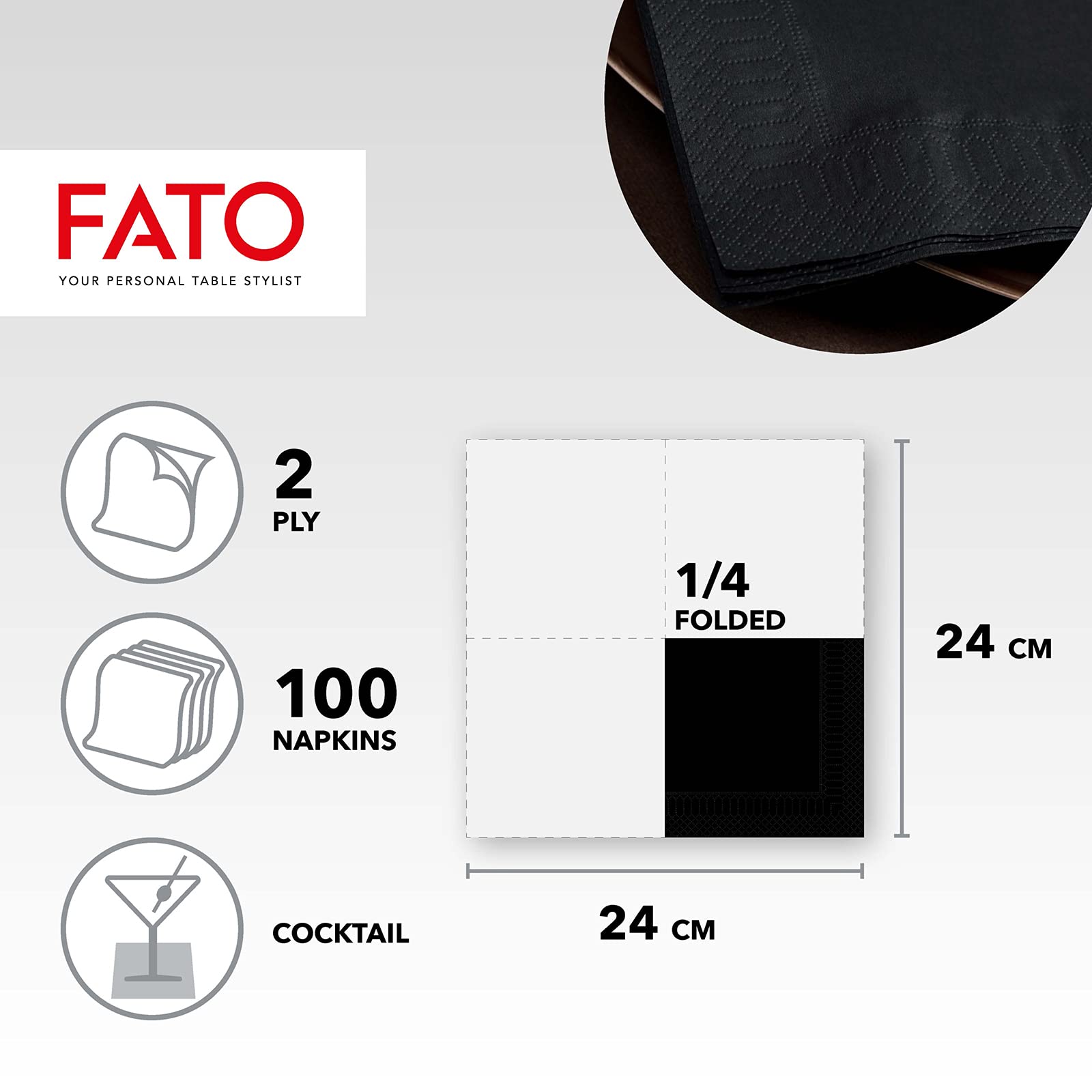 Fato - Disposable Paper Napkins 24x24 cm Black, 2-Ply, Pack of 100