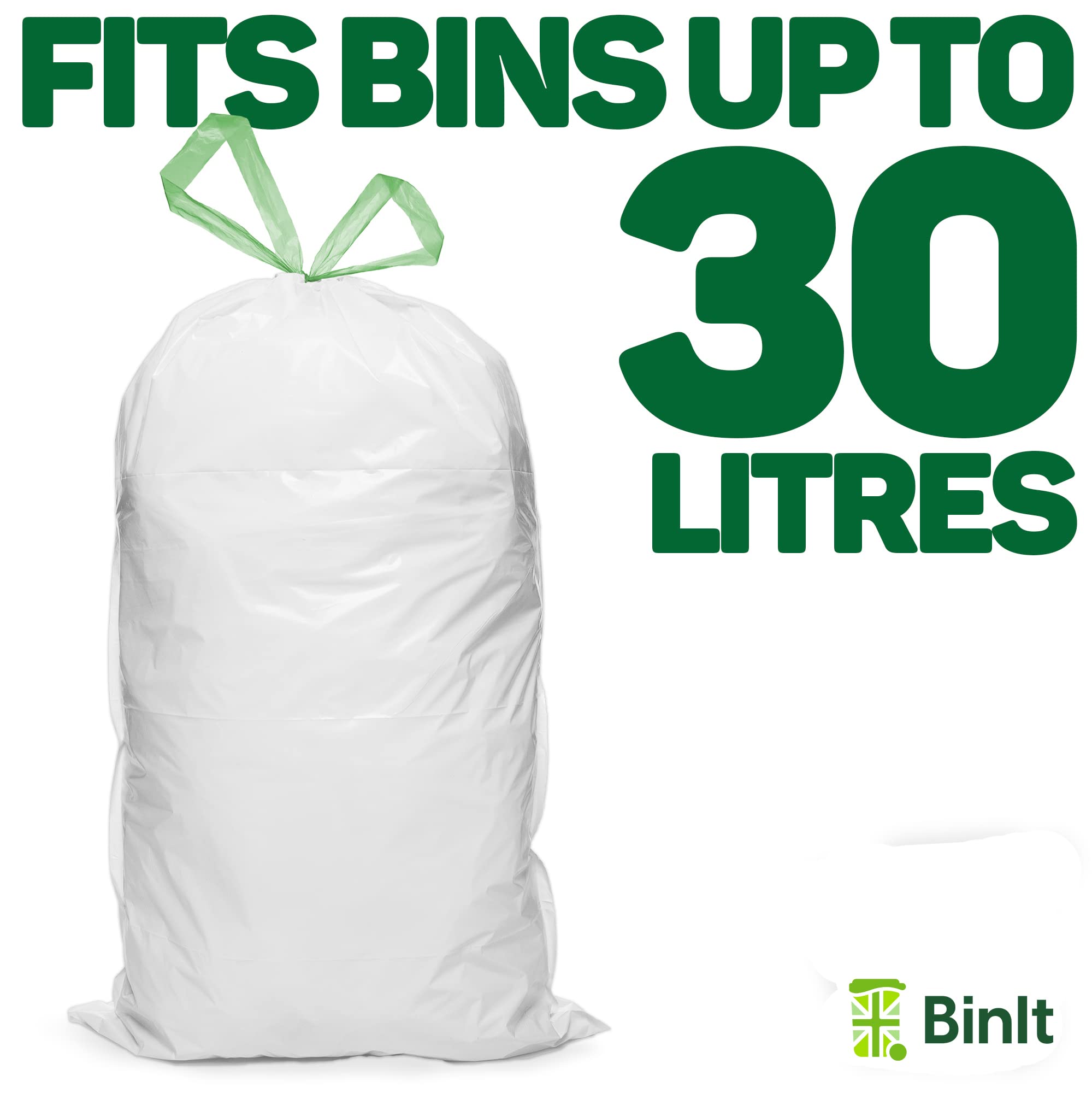 BIN IT 40 White Drawstring 30L Recycled Strong & Secure Refuse Sacks 3