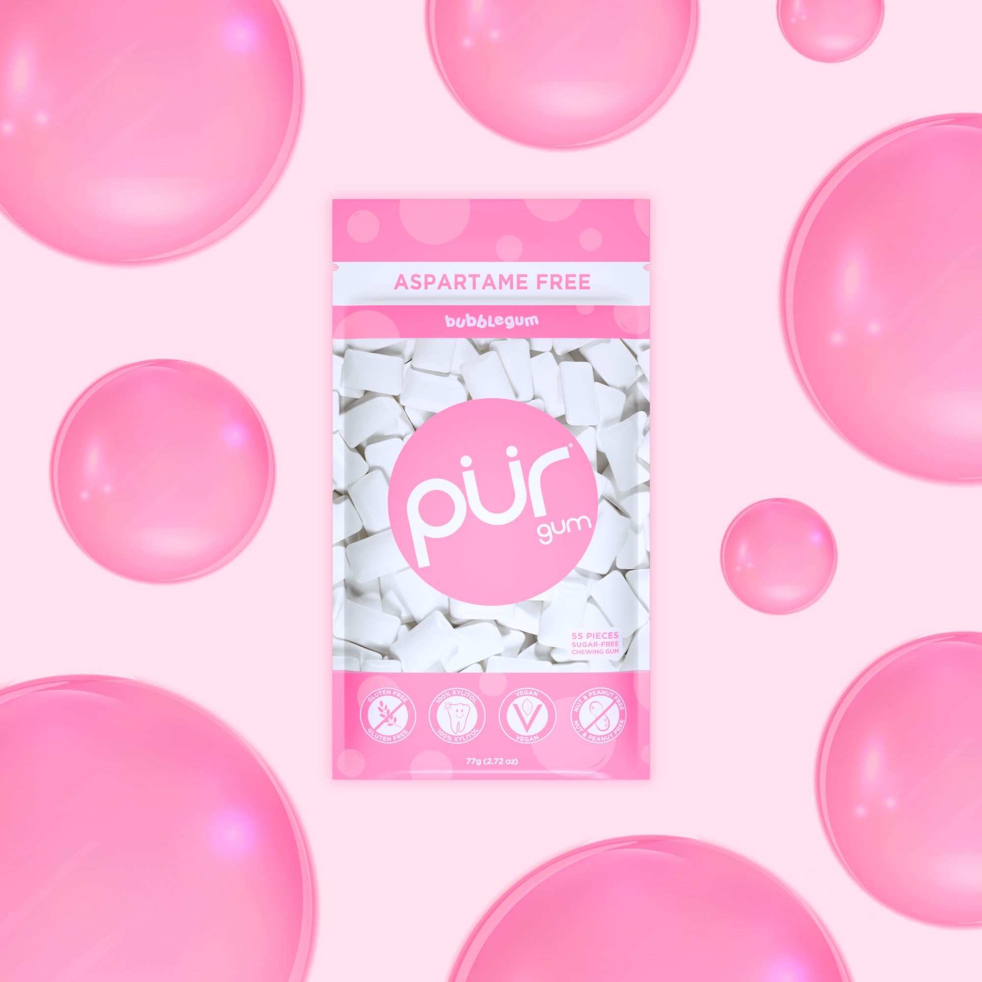 PUR Gum Sugar Free Chewing Gum, Natural Bubblegum Flavor, Xylitol Sweetened, 55 Count (Pack of 3) 3