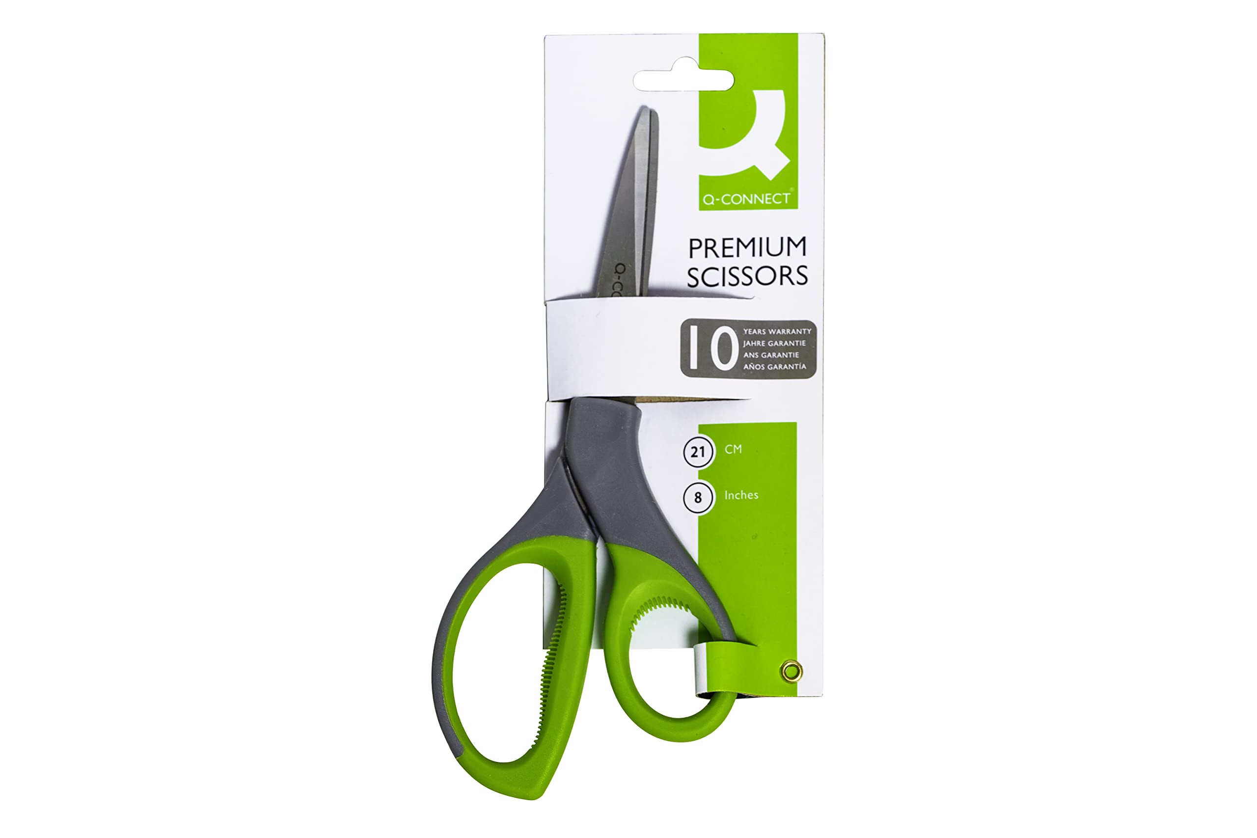 Q-Connect 8-inch Premium Scissors - Stainless Steel Blade | Green and Grey Handle