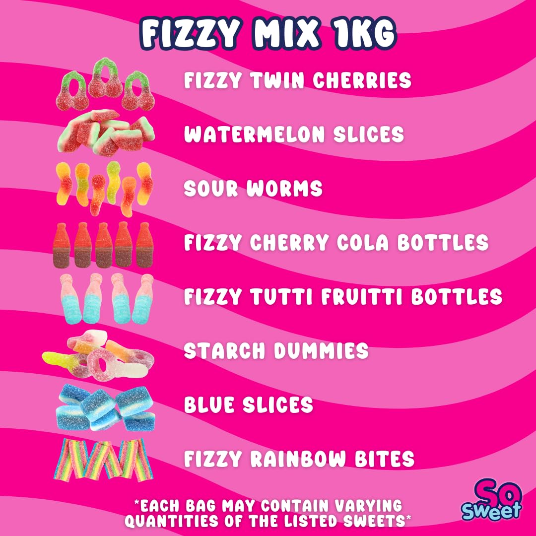 SoSweet Fizzy Sweet Mix – 1kg Tangy Pick & Mix Sweets | Sour Fruit Flavours, Party Candy, Sharing Treats