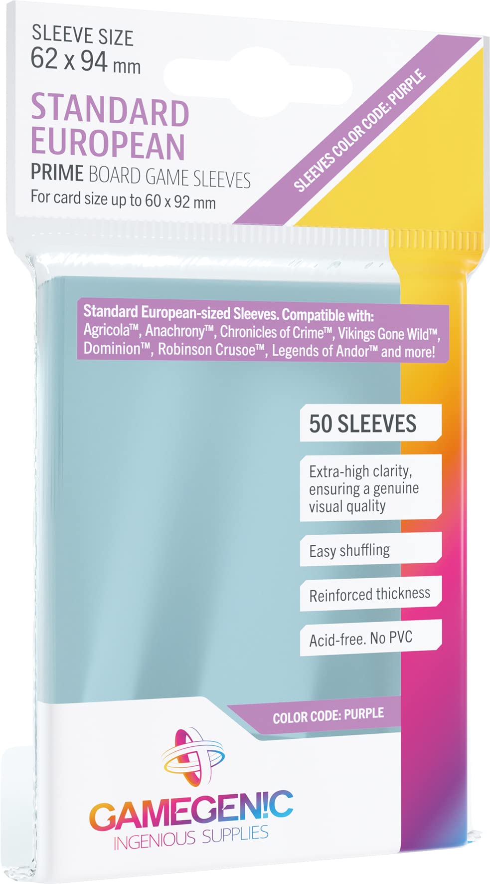 Gamegenic Prime Standard Sleeves 62 x 94 mm (50) Clear for European-Sized Cards