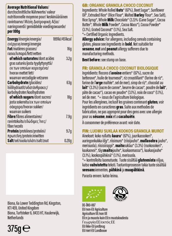 Biona Organic Choco-Coconut Granola 375g 4