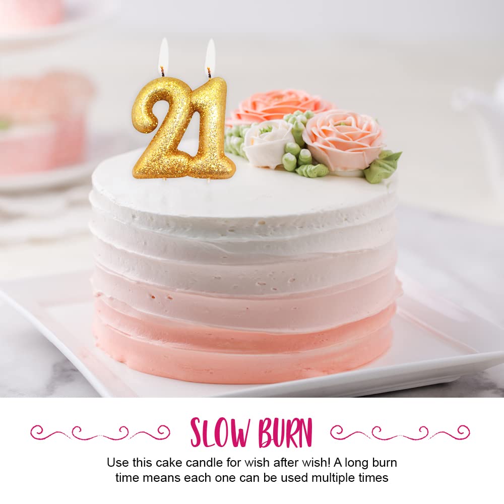 Anniversary House Number 21 Glitter Birthday Candle - Gold, 7cm Tall