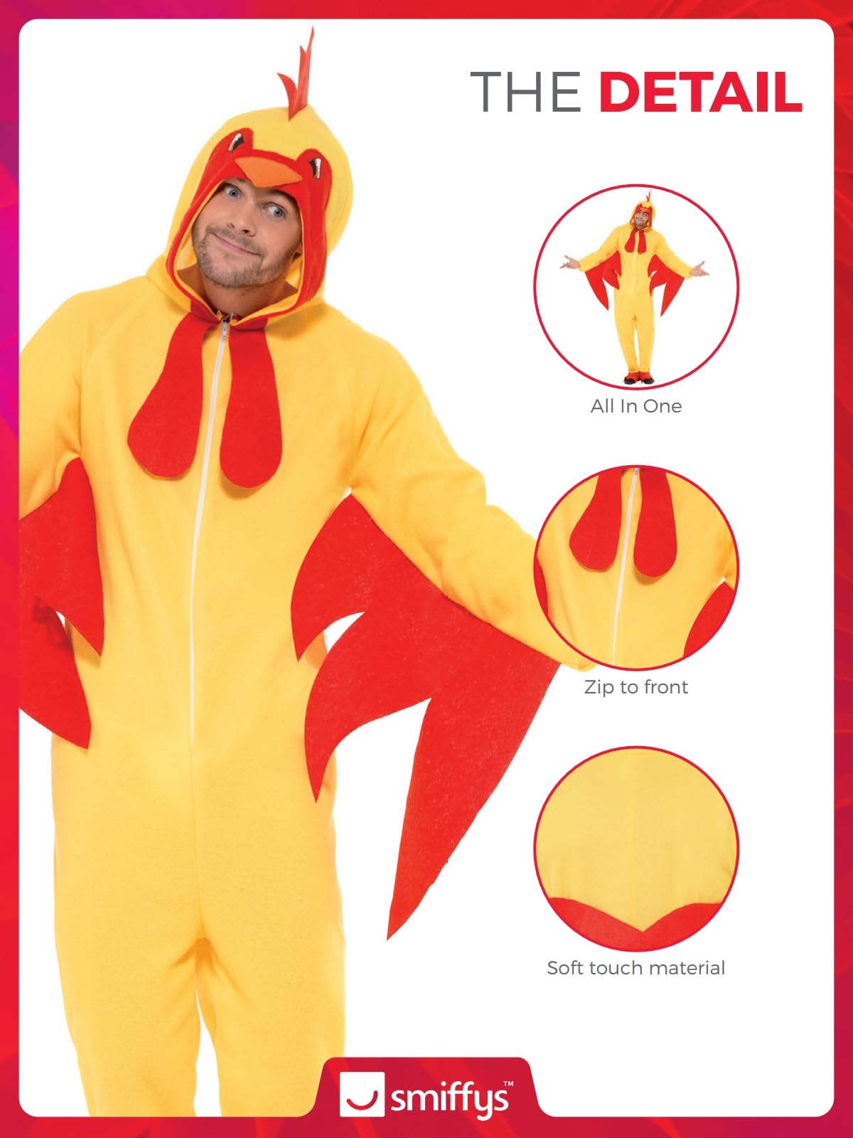 Smiffys Chicken Costume - Adult Unisex Fancy Dress Jumpsuit with Beak and Comb, Size M 5