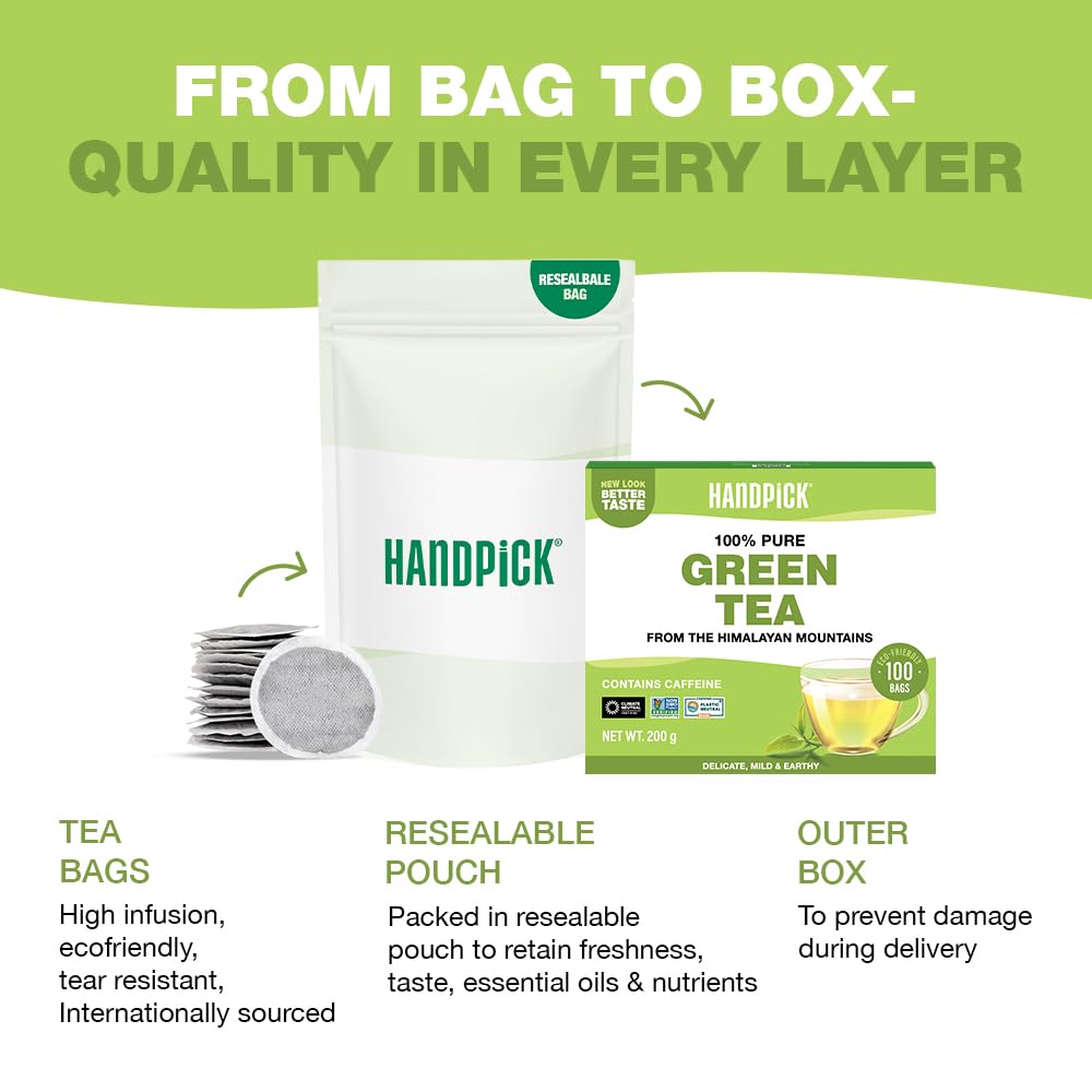 HANDPICK Green Tea Bags - 100% Pure Green Tea, 100 Bags, No Adhesive, No Bleach, Gluten Free 7