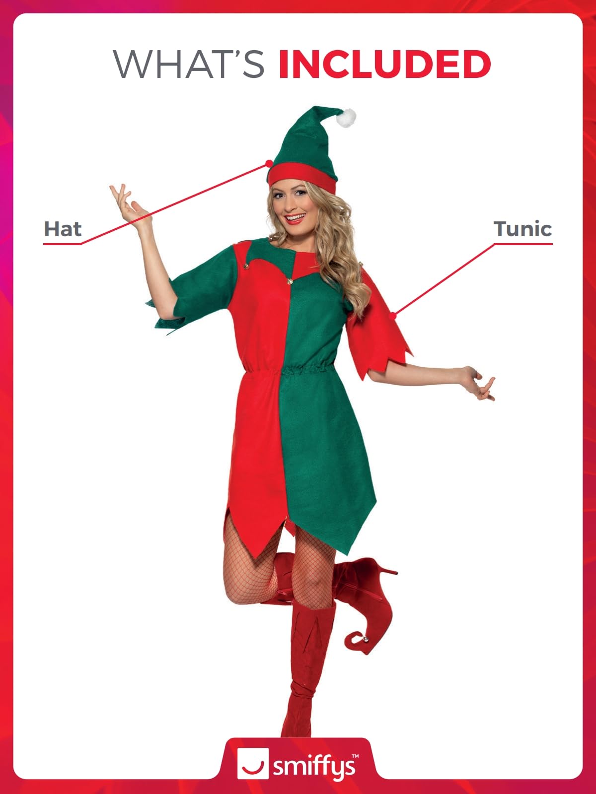 Smiffys Women's Elf Costume - Festive Tunic with Bells and Hat, Red/Green, Small 4