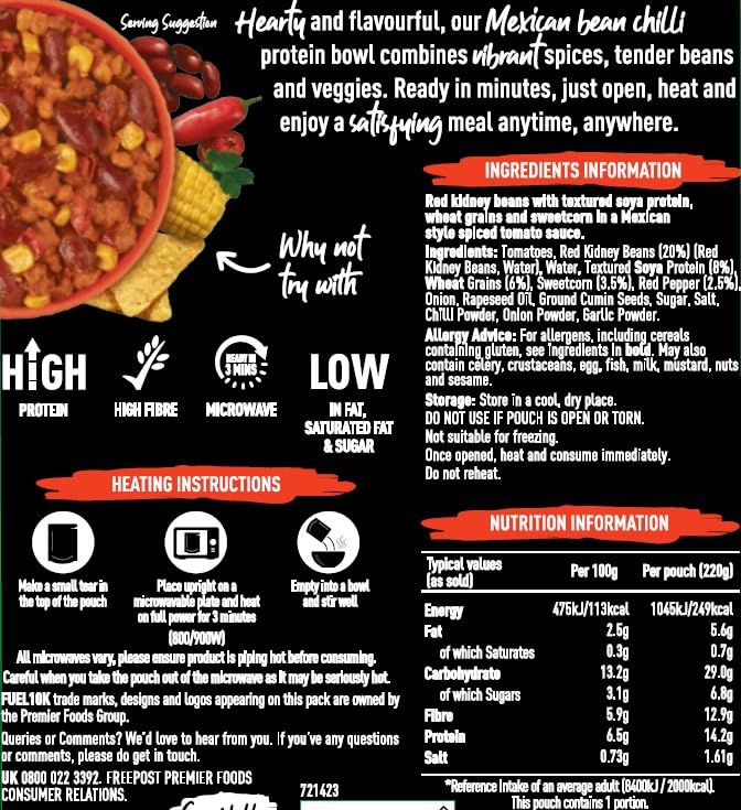 FUEL10K High Protein Mexican Bean Chilli Microwave Ready Meal - 14g Protein, Pack of 6 8