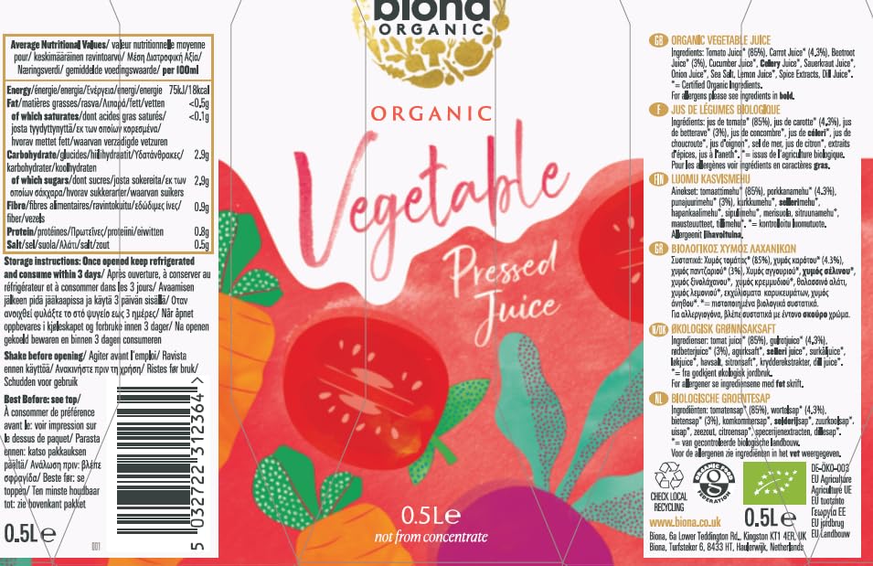 Biona Organic Vegetable Pressed Juice - Not From Concentrate | Vegan | 500ml 2