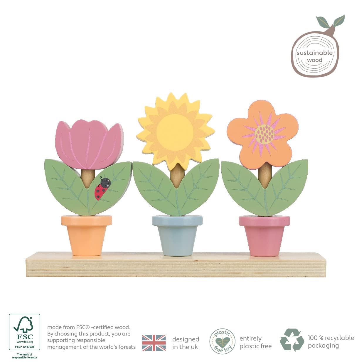 Orange Tree Toys Wooden Flower Pots - Garden Building Stacking Cups for 18 Months+ 3