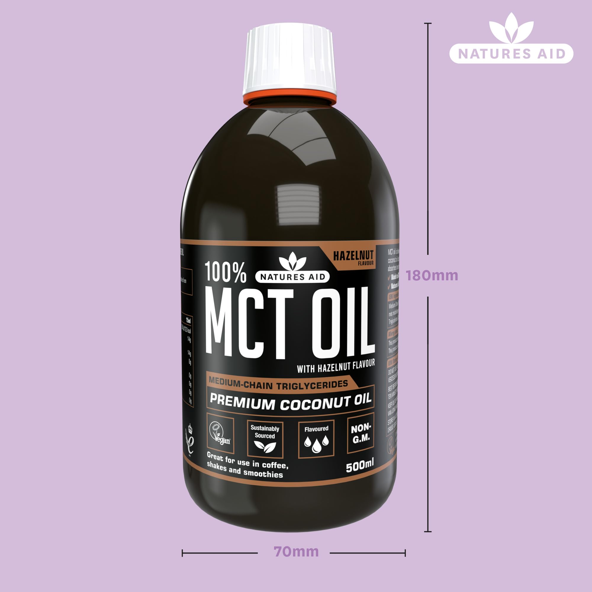Natures Aid MCT Oil 500ml Hazelnut Flavour - Vegan, Sustainably Sourced from Coconut Oil for Coffee, Smoothies & Dressings