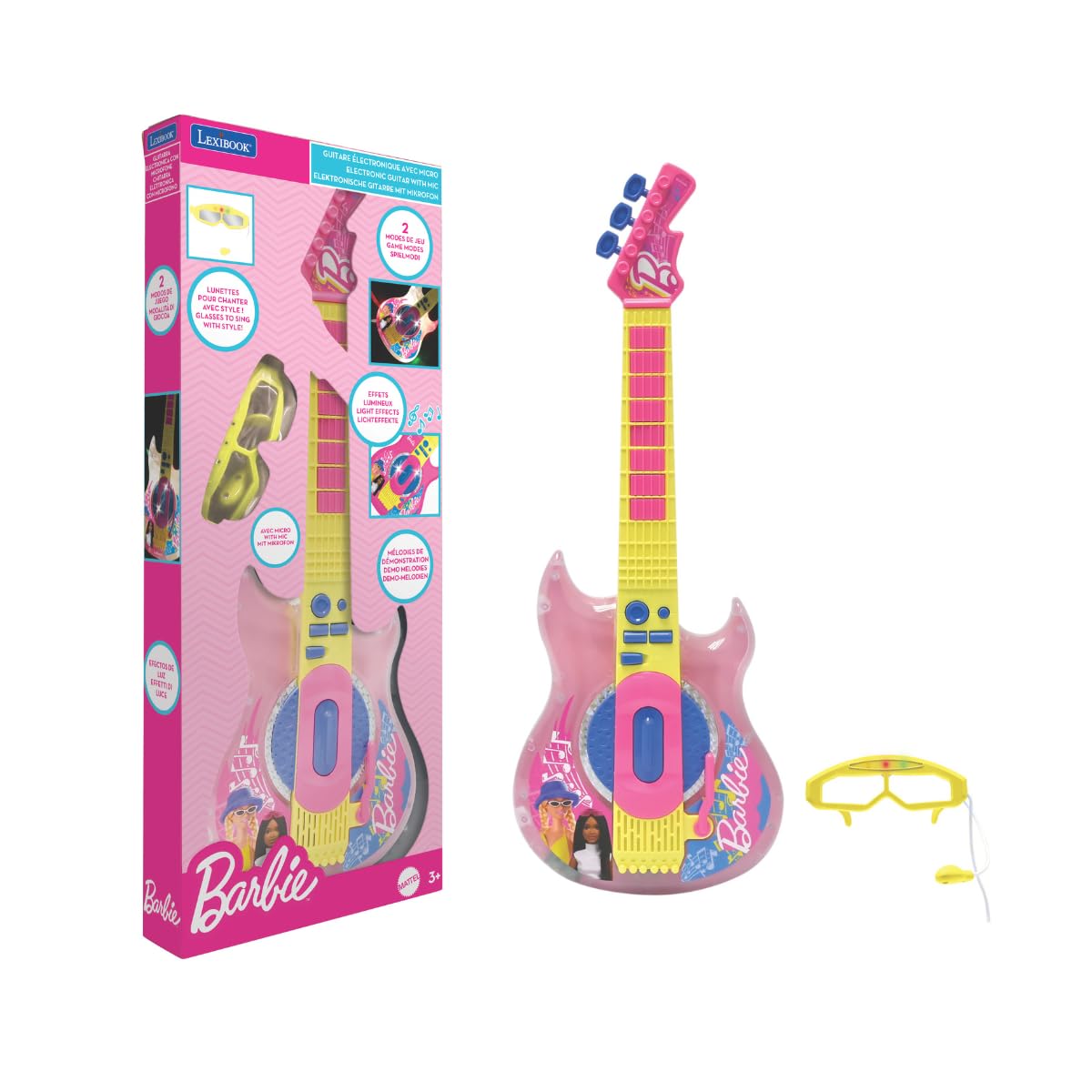 Barbie Electronic Guitar with Microphone & Glasses - 2 Play Modes, Light Effects, Pink/Yellow 7