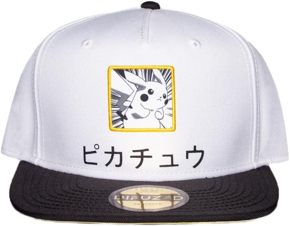 Pikachu Japanese Patch Snapback Baseball Cap - White/Black (One-Size)