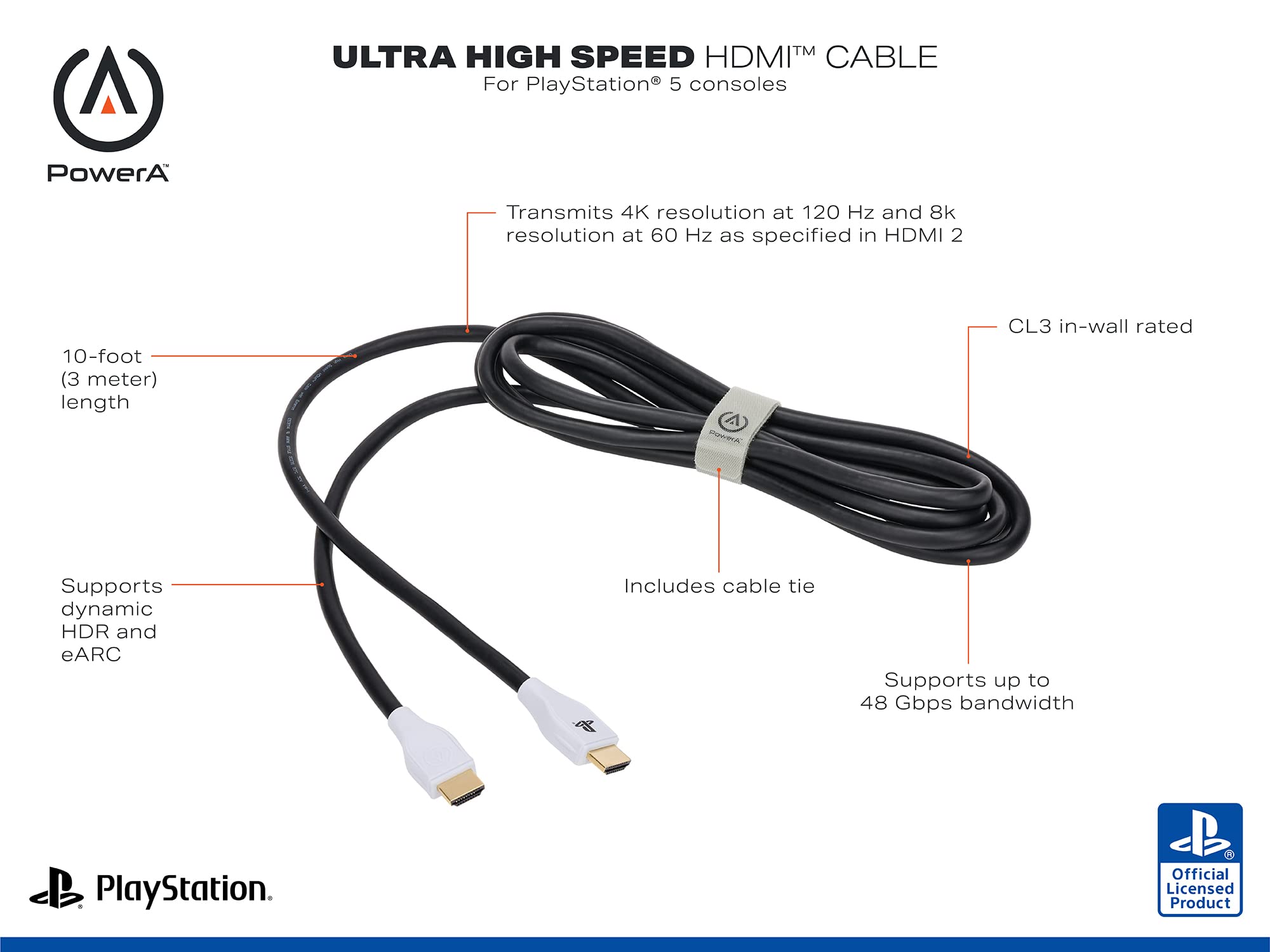 PowerA Ultra High Speed HDMI Cable 3m for PlayStation 5 - HDMI 2.1 Certified 5