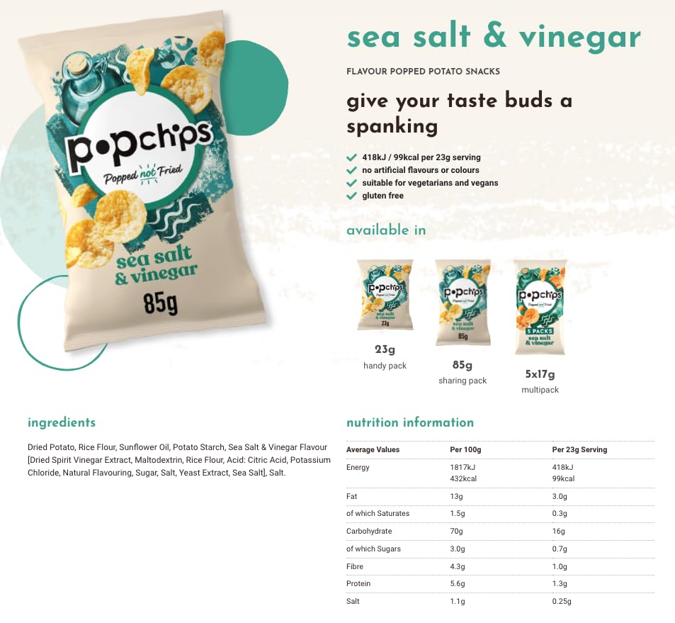 Popchips Sea Salt & Vinegar Popped Potato Snacks - 5 Pack (85g) 3