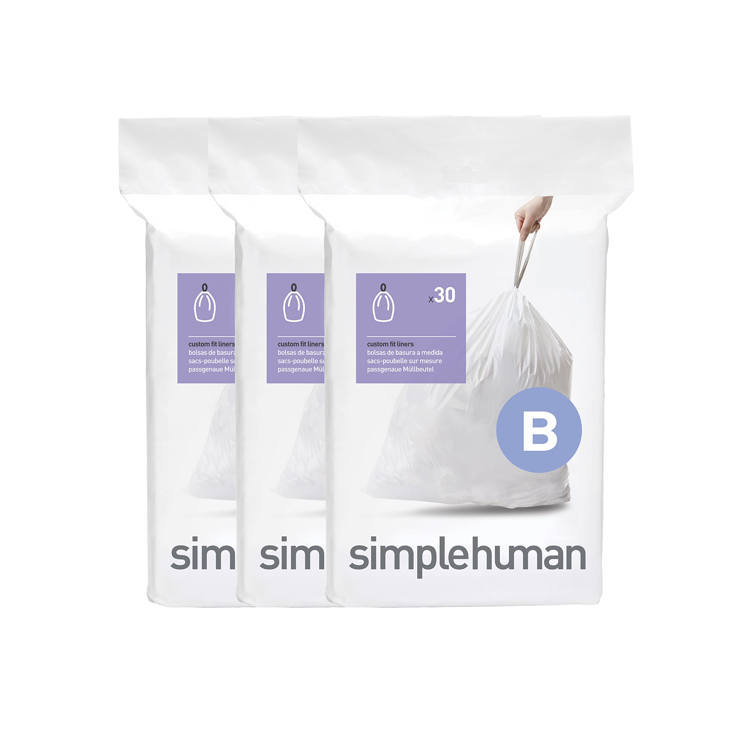 simplehuman CW0251 Code B Custom Fit Bin Liner Bulk Pack, White (3 Packs of 30, 90 Total Liners)