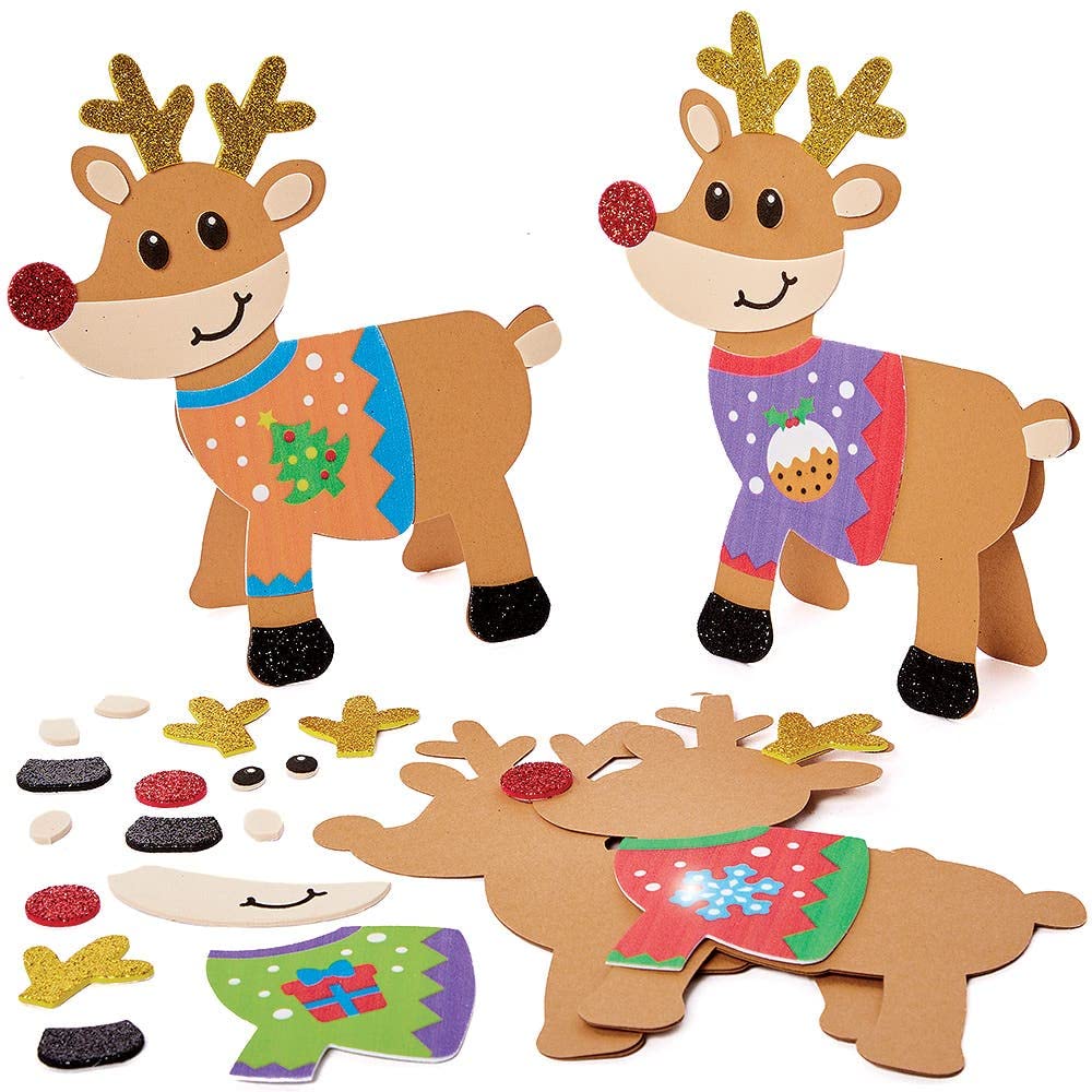 Baker Ross FX240 Reindeer Christmas Jumper Card Kits - Pack of 6, DIY Craft Activity for Kids
