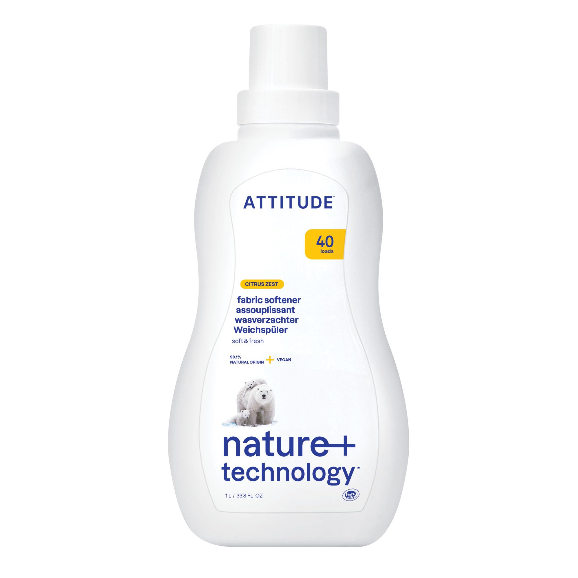 ATTITUDE - Liquid Fabric Softener, Plant-Based & Vegan, HE Compatible, Citrus Zest, 1.07 kg