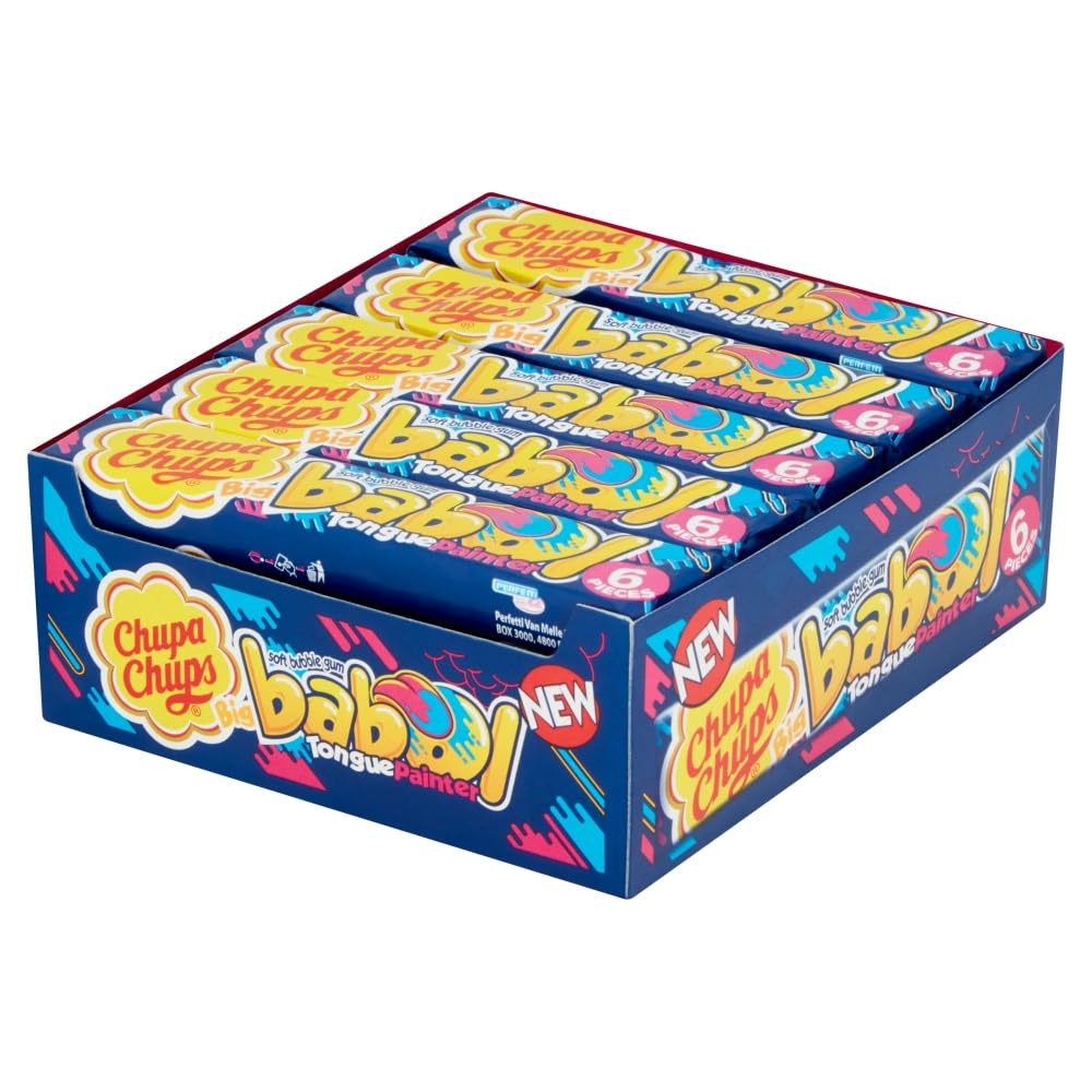 Chupa Chups Big Babol Tongue Painter Bubble Gum - Blue Raspberry Flavor | 6 Pieces per Pack, 20 Packs Total