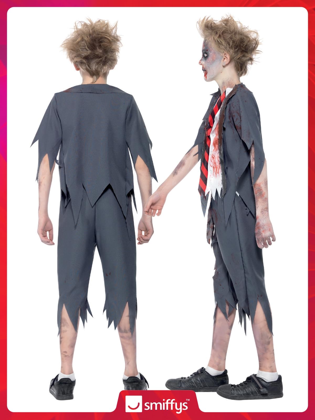Smiffys Zombie School Boy Costume - Grey Jacket, Trousers, Mock Shirt & Tie for Kids