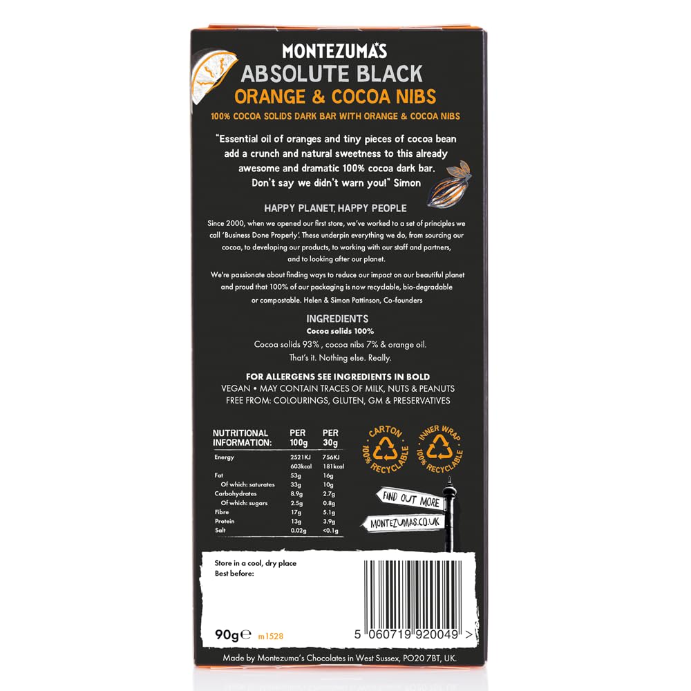 Montezuma - Absolute Black 100% Cocoa Dark Chocolate with Orange & Cocoa Nibs 90g Bar 5