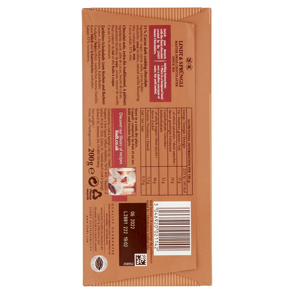 Lindt - Cooking Chocolate Bar Dark 51% Cocoa 200g 3
