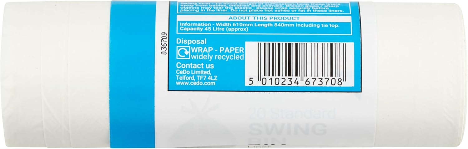 Polylina 20x Tie Top Swing Bin Liners, Recycled Plastic, White, 45 Litre