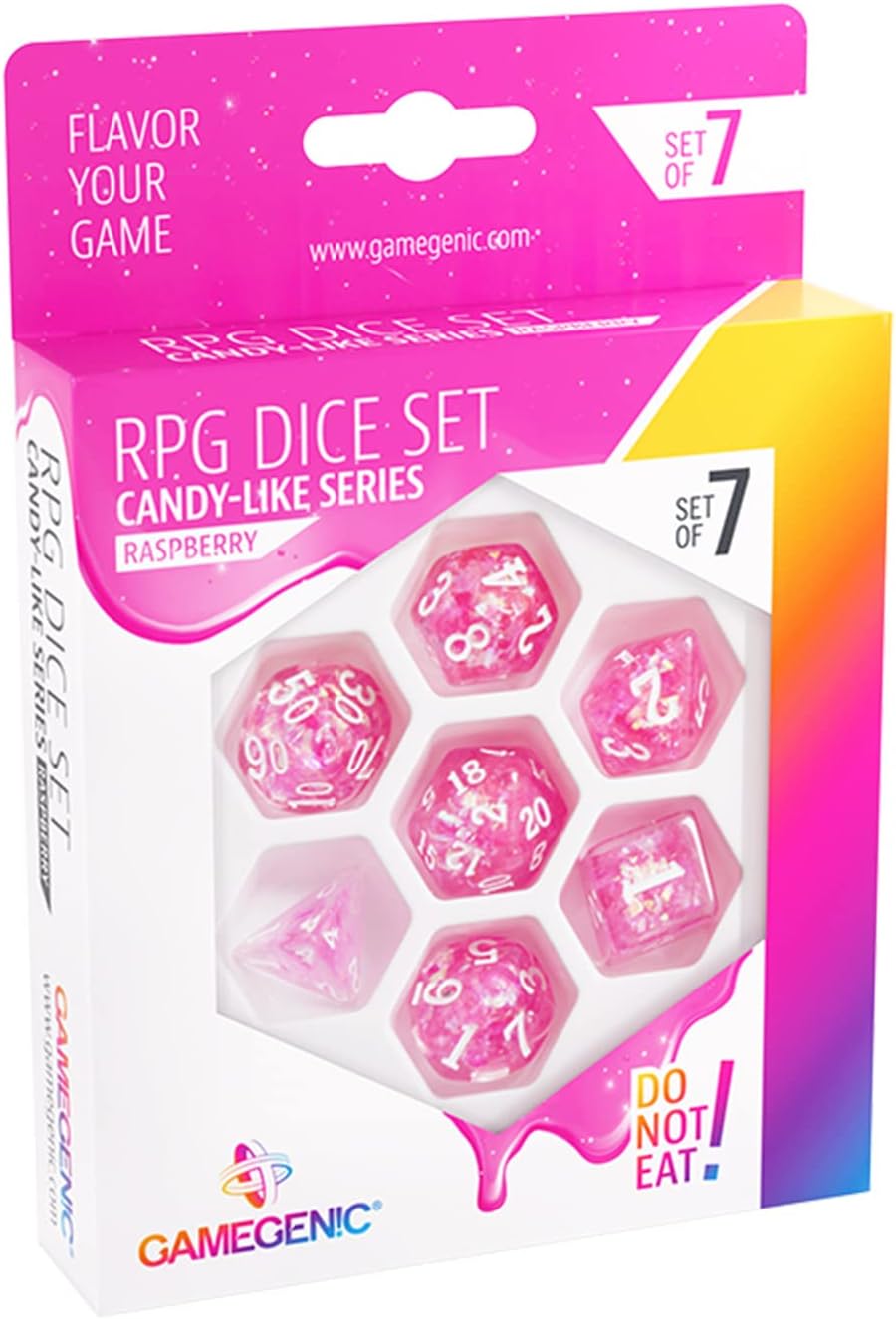 Gamegenic Candy-Like Series Raspberry Glitter RPG Dice Set – 7-Piece Polyhedral Dice for Roleplaying Games