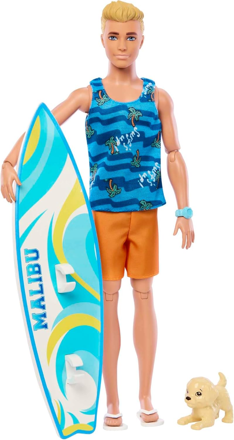 Ken Doll with Surfboard and Pet Puppy - Poseable Beach Playset for Kids 5+