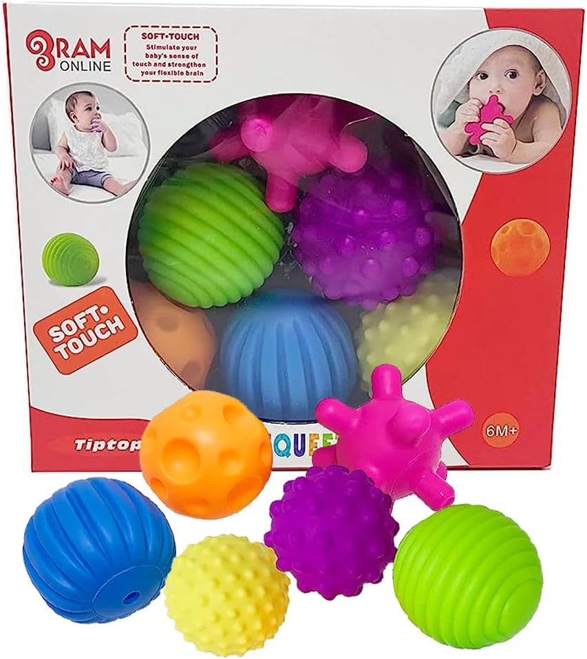 RAM 6 X Multicoloured Textured Sensory Baby Balls - Teething & Tactile Exploration Toy for Infants