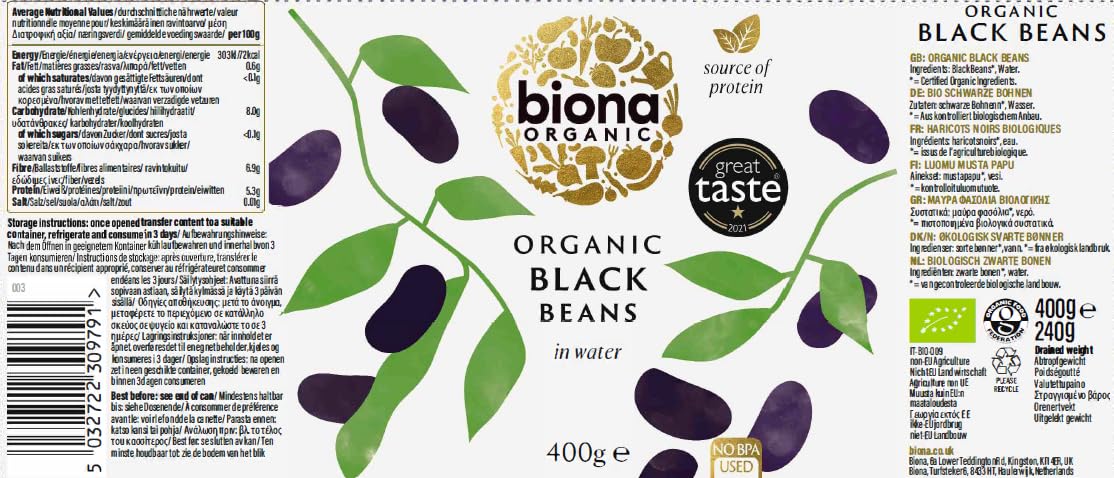 Biona Organic Black Beans - Pre-Cooked & Ready to Eat | 400g Cans | Pack of 4 2