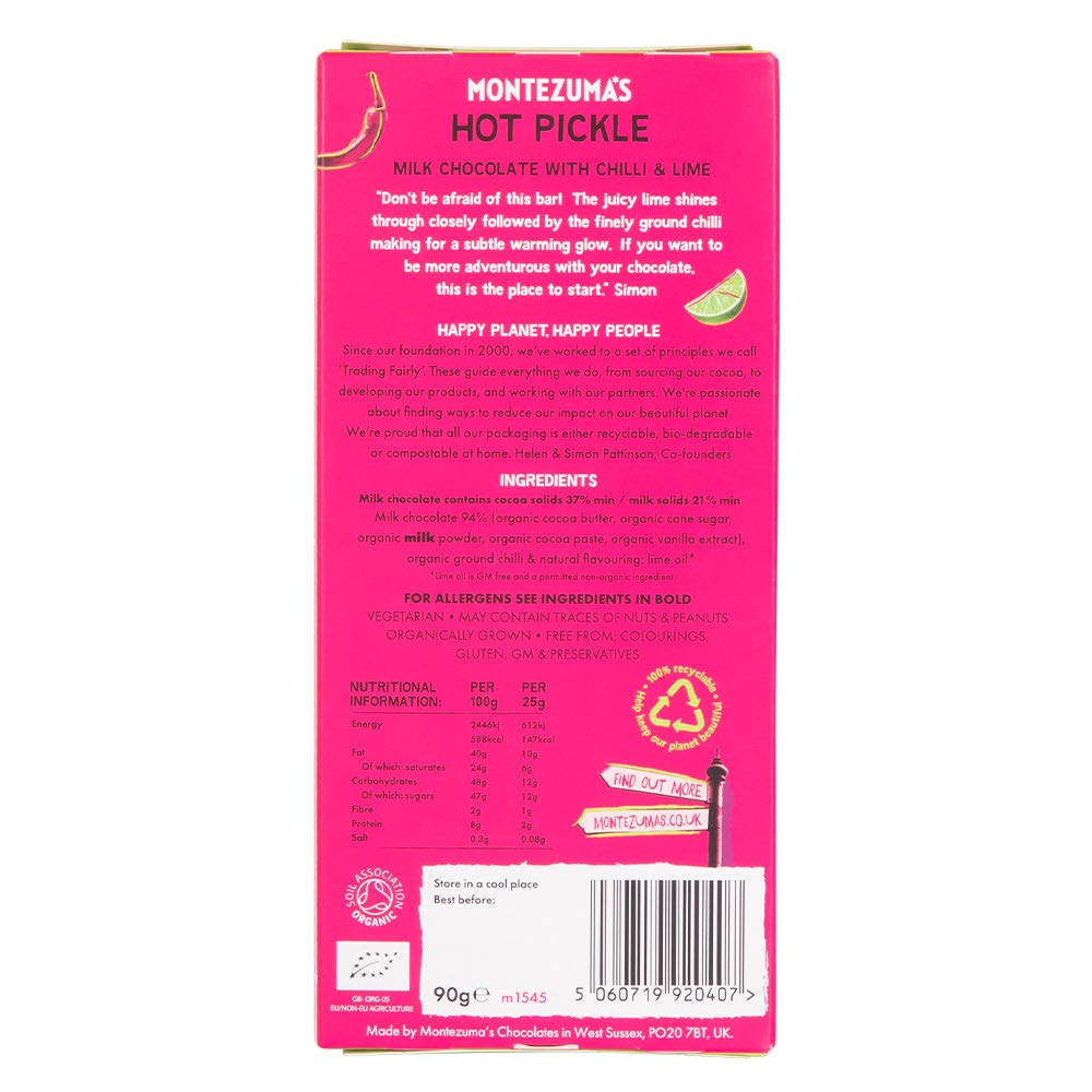 Montezuma - Hot Pickle 37% Cocoa Milk Chocolate with Chilli & Lime, Organic Gluten-Free Bar (90g) 3