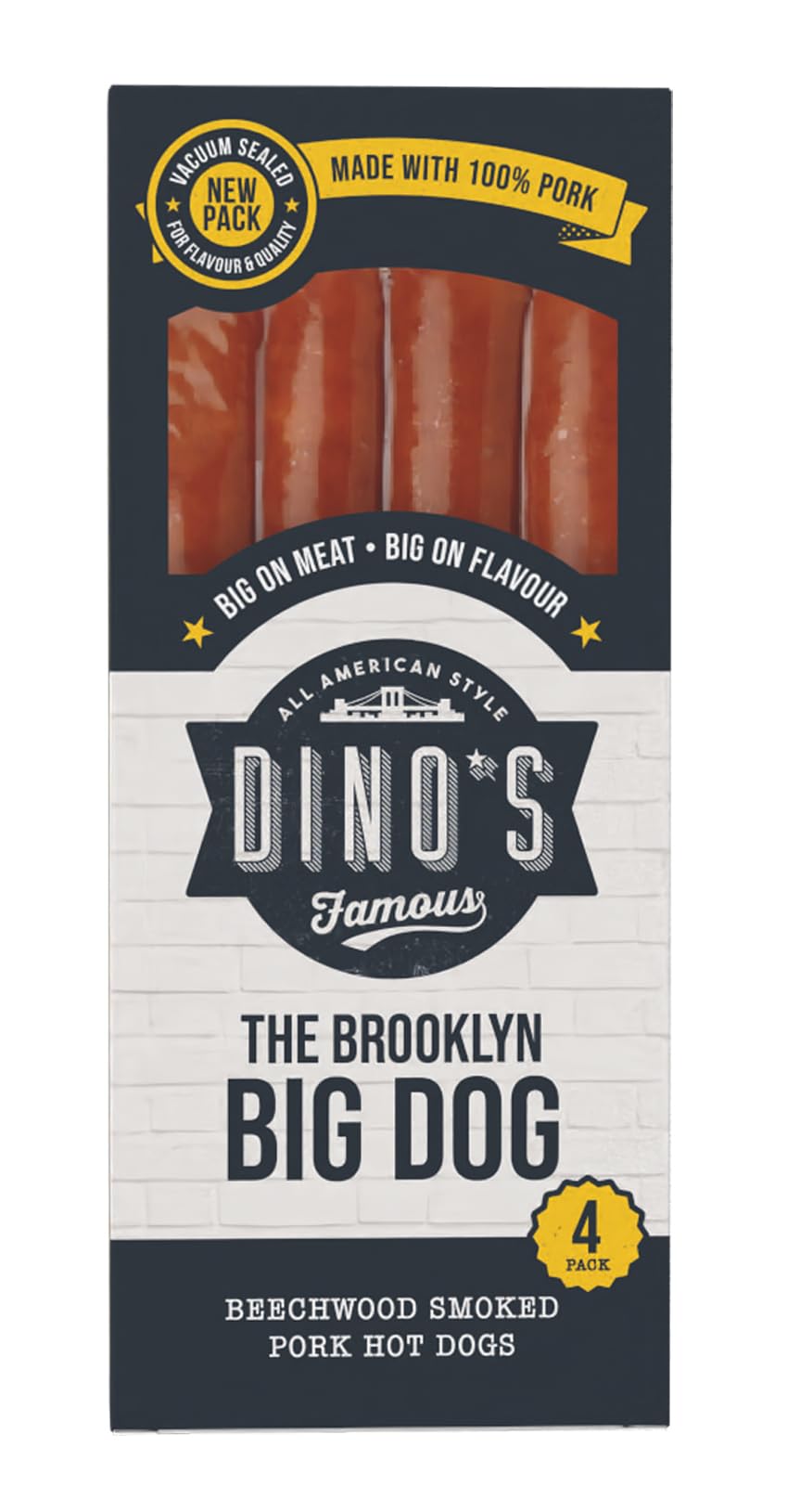 Dino's Famous Brooklyn Big Dog Pork Hot Dogs | 4 Pack | 85% Beechwood Smoked Pork | 360g