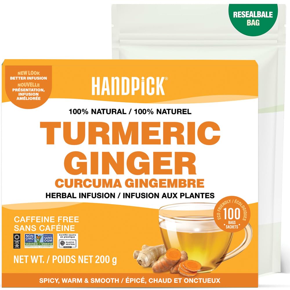 HANDPICK - Turmeric Ginger Tea Bags (100 Herbal Tea Bags) Caffeine Free, Non-GMO, Eco-Conscious Packaging