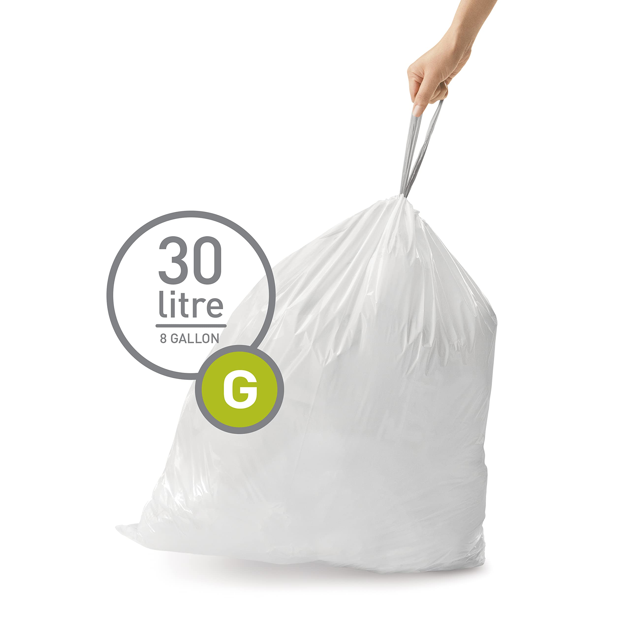 simplehuman Code G Custom Fit Drawstring Rubbish Bags - 30 Liter / 8 Gallon | 60 Count