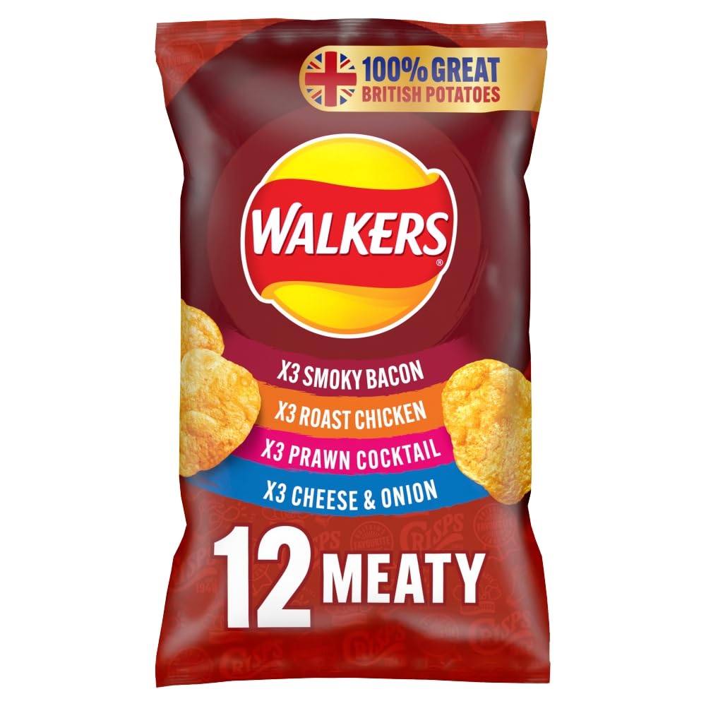 Walkers Meaty Variety Multipack Crisps 12x25g - Smoky Bacon, Roast Chicken, Prawn Cocktail, Cheese & Onion