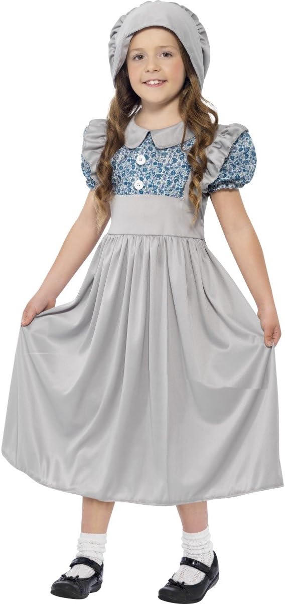 Smiffys Victorian School Girl Costume - Grey Dress & Hat for Ages 7-9