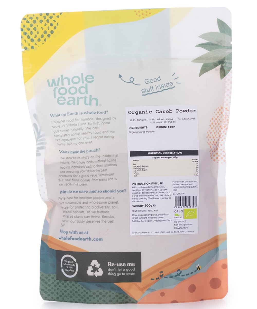 Wholefood Earth Organic Carob Powder 500g | Vegan, GMO Free, High Fibre, Caffeine-Free Cocoa Alternative 3