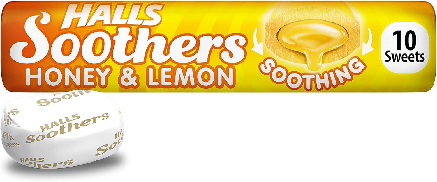 Halls - Soothers Honey & Lemon Flavoured Lozenges with Real Fruit Juices, 45 g