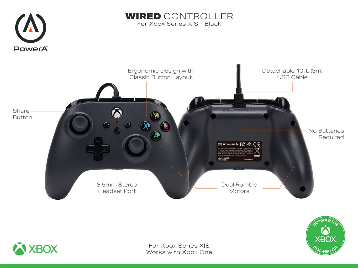 PowerA Wired Controller for Xbox Series X|S, Xbox One, PC - Officially Licensed with Dual Rumble, Immersive Triggers, 10ft USB-C Cable 3