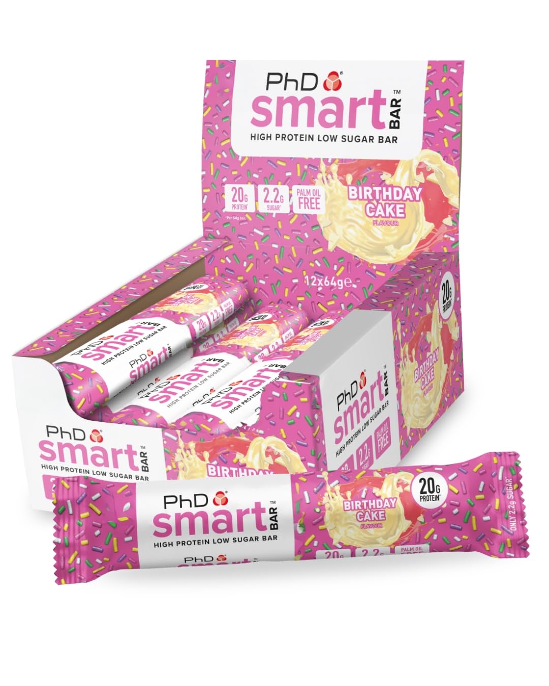 PhD Nutrition Smart Protein Bar - Birthday Cake | 20g Protein | Low Sugar | 12 Bars
