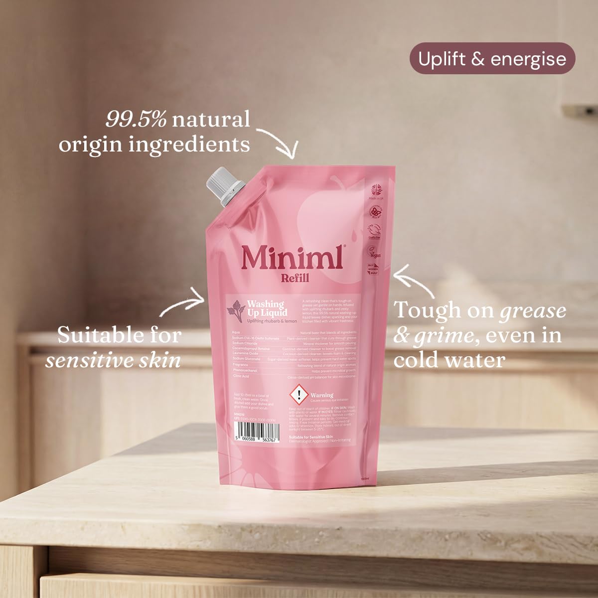 Miniml Eco Washing Up Liquid Refill - 1L Wild Rhubarb & Lemon | Plant-Powered, Skin Sensitive 3