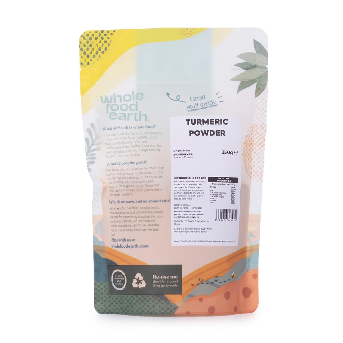 Wholefood Earth Turmeric Powder - 250g | Vegan | GMO Free | High Curcumin