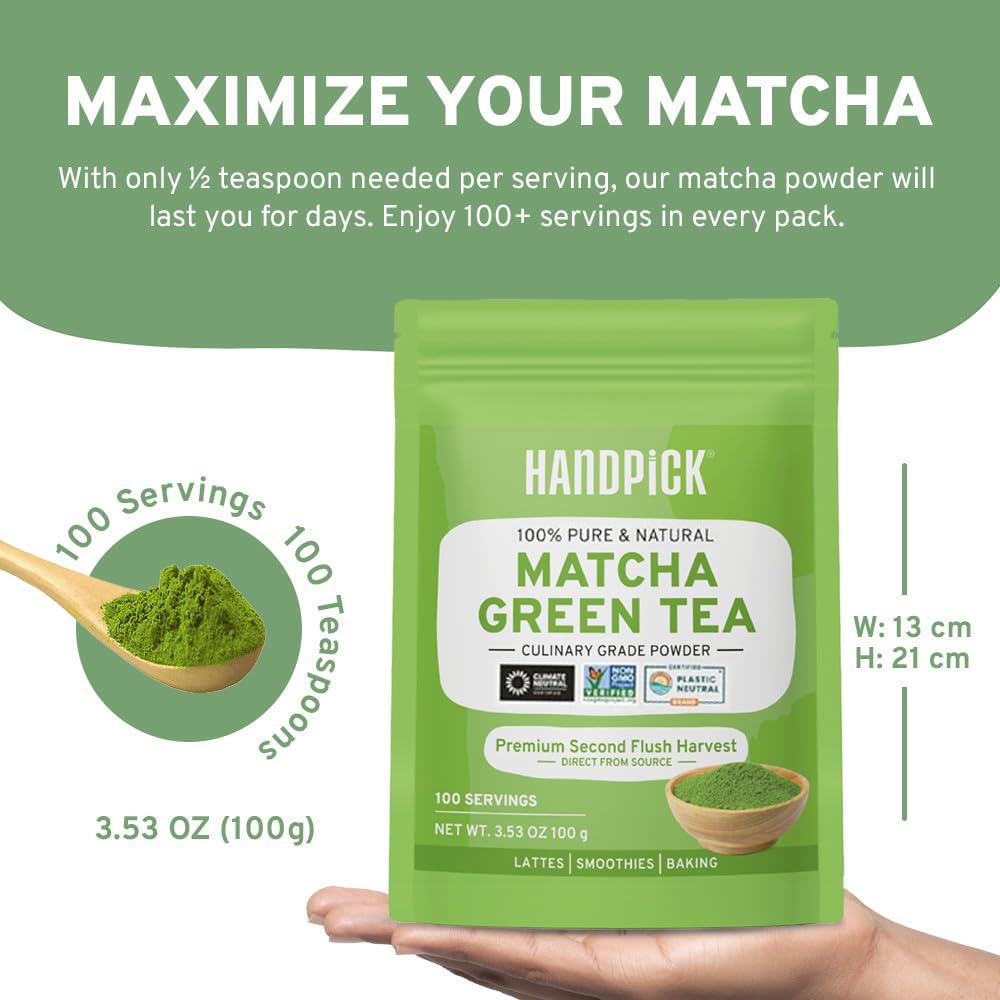 HANDPICK Japanese Matcha Green Tea Powder (100g) - Culinary Grade, Non-GMO, Resealable Packaging 5
